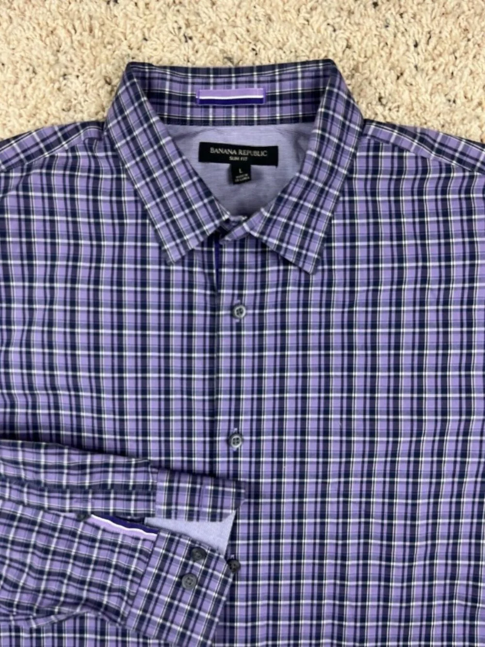 Banana Republic Mens Button Up Shirt Size Large Slim Fit Plaid Lavender Purple